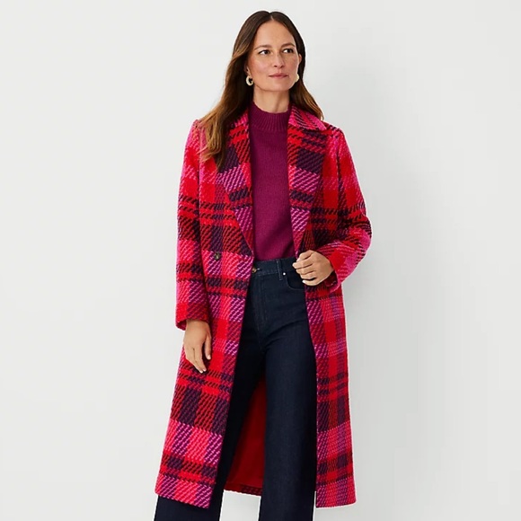 🔥NWT GORGEOUS PLAID DOUBLE BREASTED WOOL COAT - RED PINK COAT🔥 - Picture 1 of 3